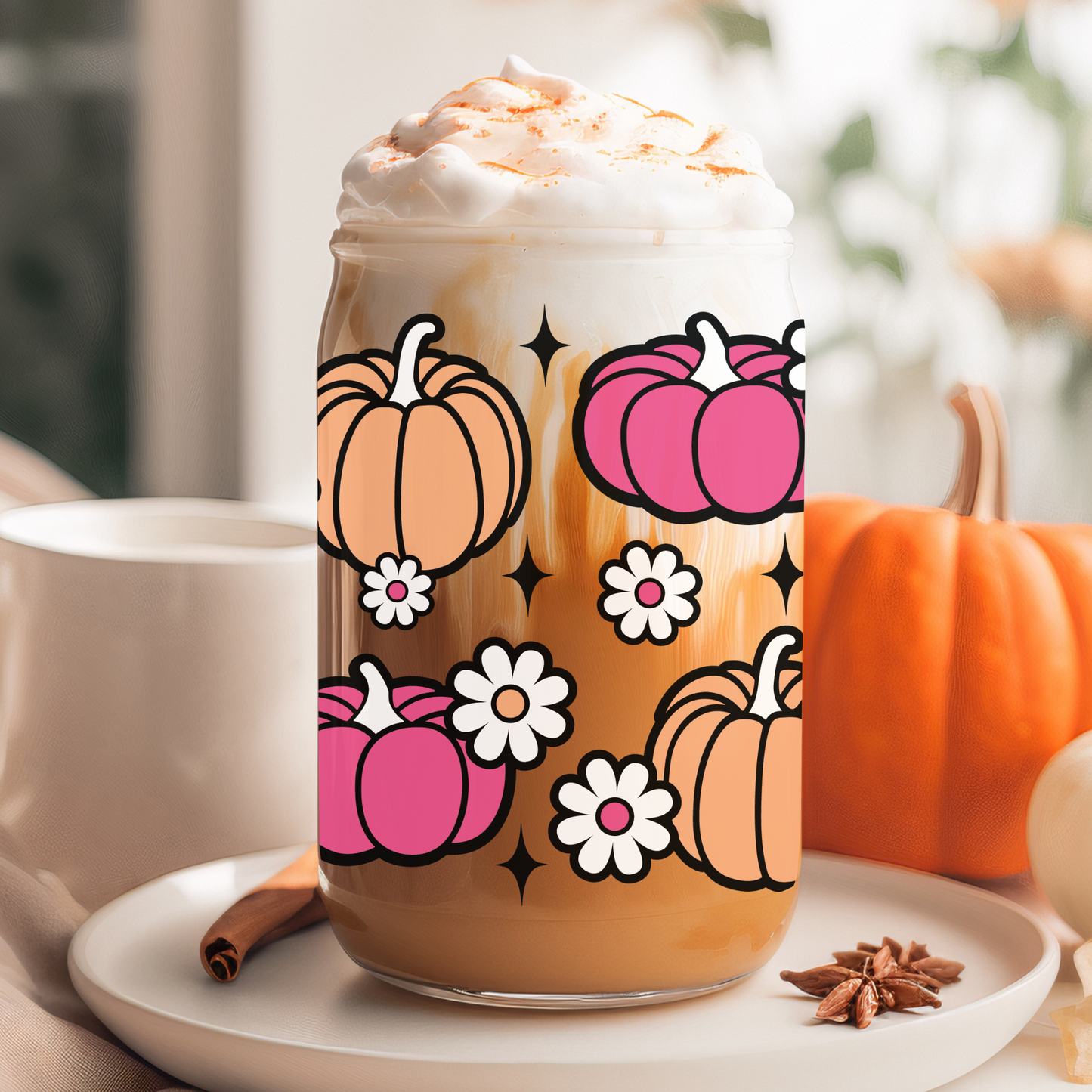 Daisy Pumpkin Halloween Can Glass