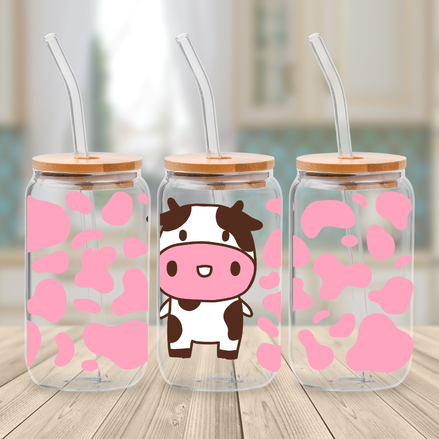 Kawaii Pink Cow Libbey Can Glass 16 oz