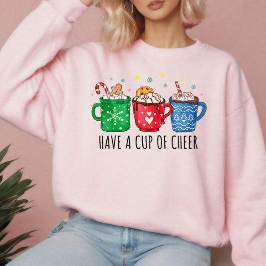 Have A Cup Of Cheer Sudadera navideña rosa con cuello redondo 