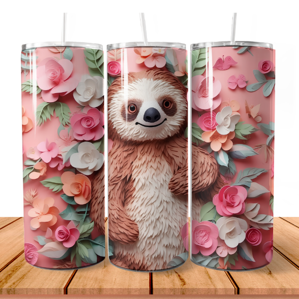 3D cute smiling sloth tumbler, decorated with pink and white flowers on a pink background
