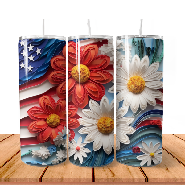 Tumbler featuring a 3D American Flag with red and white Flowers 